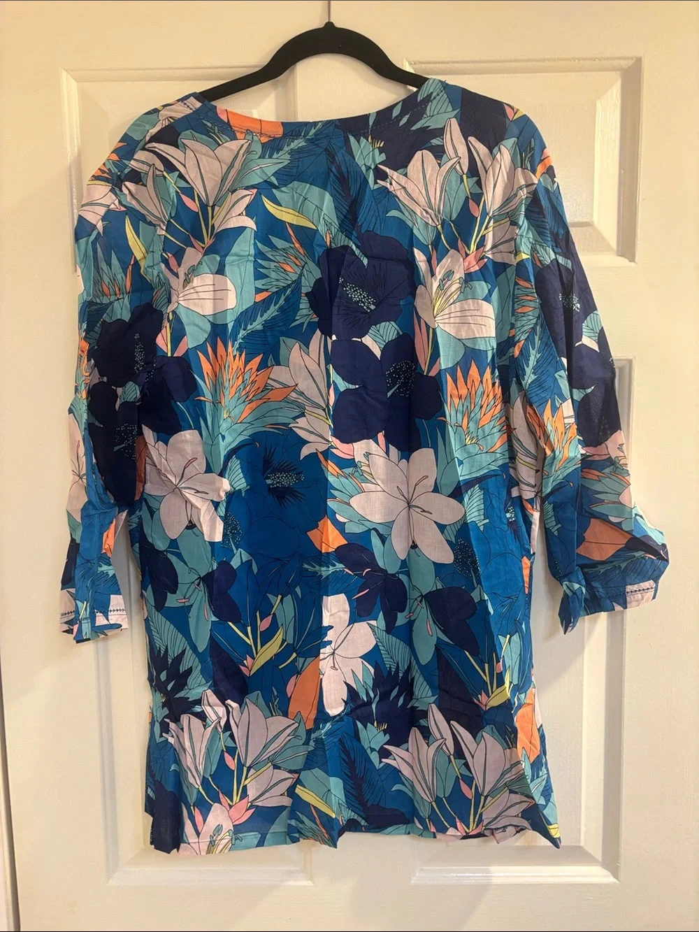Tori Richard Blue Floral V-Neck Tunic with Pink & Orange Accents